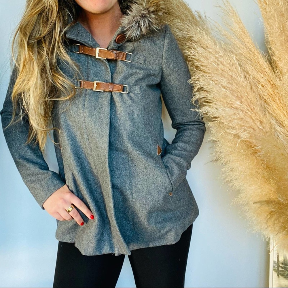 ANTHROPOLOGIE CARTONNIER Adare Grey Wool Brown Buckle Fur Hood Jacket Coat 0